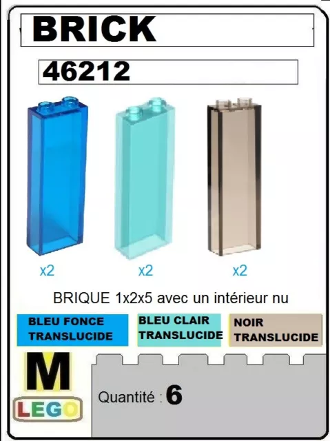 LEGO BRICK - 6 briques 1x2x5 - 46212 - NOIRS, BLEUS TRANSLUCIDES