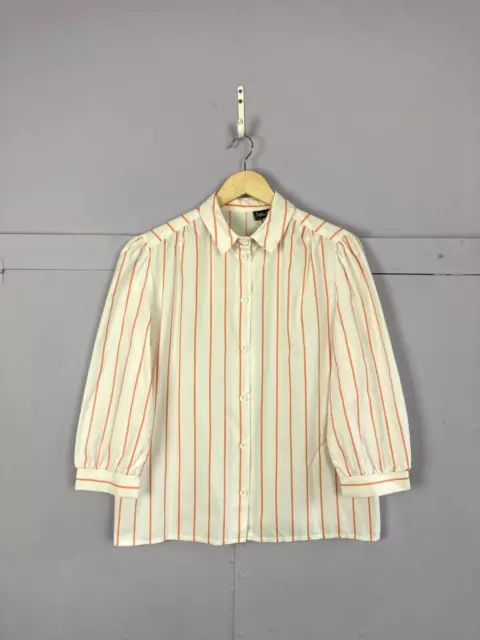 Vintage Pinstripe Blouse White Pink UK14-16 80s Career Prairie Puff Sleeve