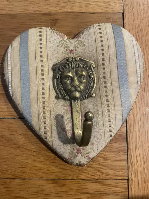 Vintage Cottage Core Heart Shaped Coat Hanger Hook Floral Brass Lion Belgium