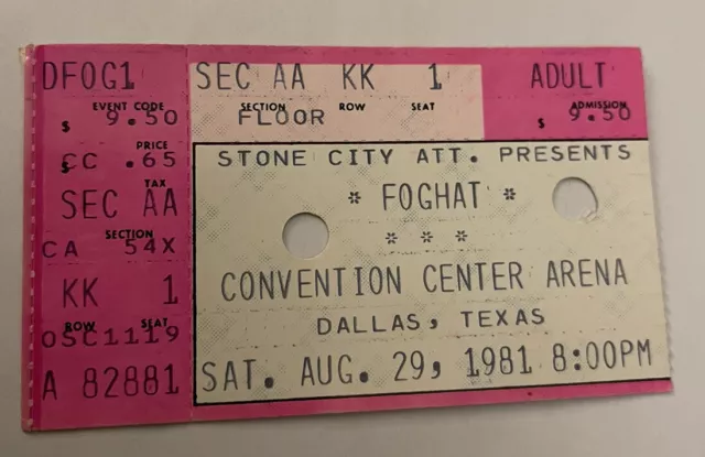 Foghat/Danny Joe Brown Rare Floor Concert Ticket Stub Dallas, Tx 08/29/1981