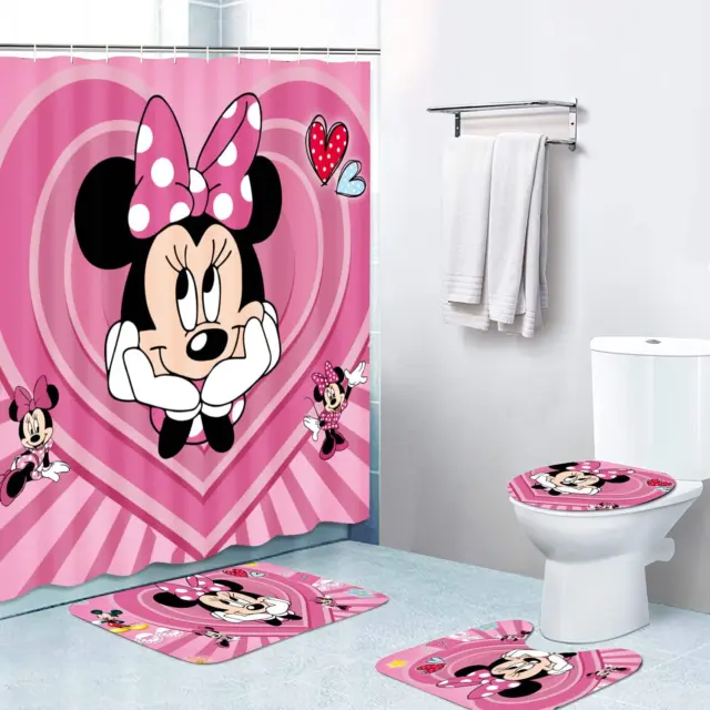Love Minnie Mouse Shower Curtain with Non-Slip Rug,Toilet Lid Cover Bath Mat