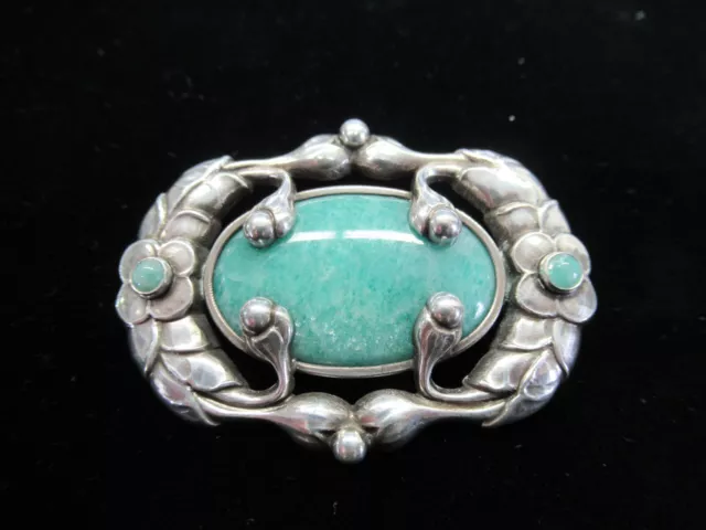 Georg Jensen Sterling Silver #169 Denmark Green Agate Brooch