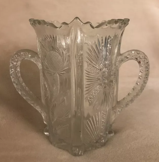 Vintage American Brilliant Cut Glass 5.5” Vase Ornate Sawtooth Edge -Two Handle