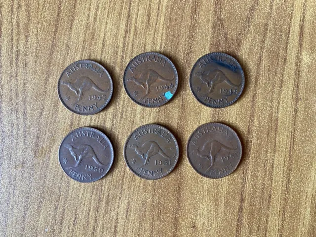 Stock 6 Coins Australia 1 Penny 1943 1944 1948 1950 1951 1952 George VI