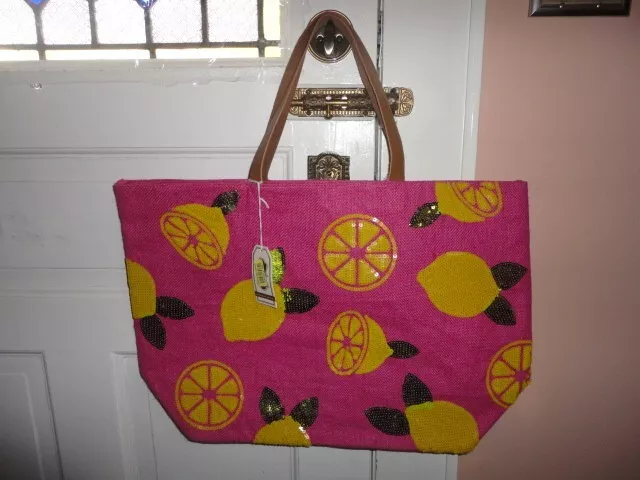 Mud Pie Large Jute Glam Sequin Lemons Pink/Yellow Beach Pool Tote Bag Rare! Nwt