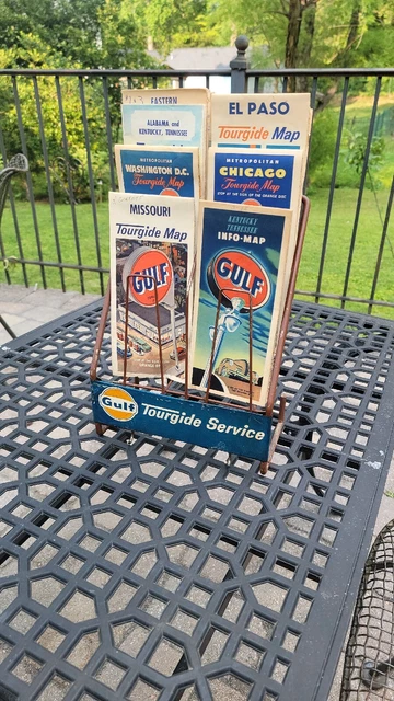 Vintage GULF TOURGUIDE Road Map Rack Sign Display - Gas & Oil Service Station