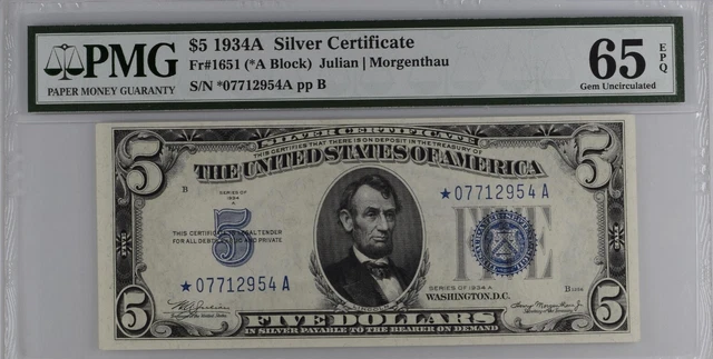 FR. 1651 *A $5 1934 A *STAR NOTE* Silver Certificate PMG 65 EPQ GEM UNCIRCULATED