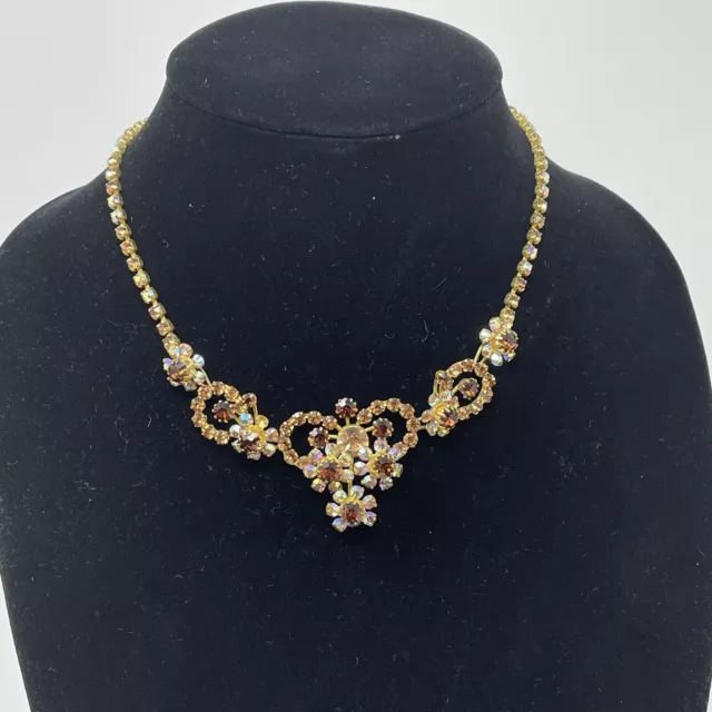 VTG Floral Art Nouveau Flower Crystal Aurora Borealis AB Necklace Bow Brown