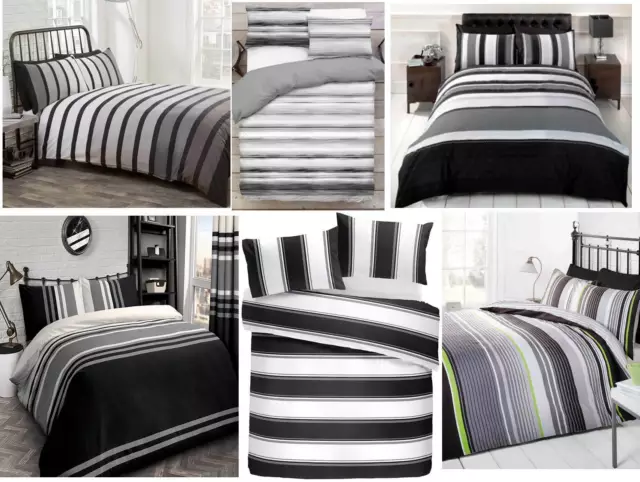 Grey Black Stripe Duvet Cover Reversible Bedding Set Single Double King