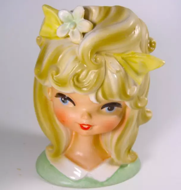 1950s Parma Teen Lady Head Vase A-222 Blonde w Green Dress & Flower in Hair