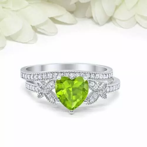 3ct Heart Cut Green Peridot Butterfly Accent Bridal Set Ring 14k White Gold Over