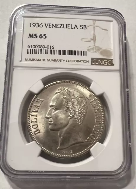 1936 Silver Venezuela 5 Bolivares Y# 24.2, NGC MS 65