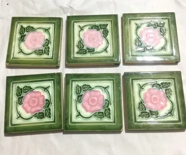 Vintage Small. Green Flower Ceramic Beautiful  Porcelain Tiles  6 Pieces