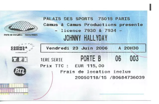 Rare / Ticket Billet De Concert - Johnny Hallyday : Live A Paris ( France ) 2006