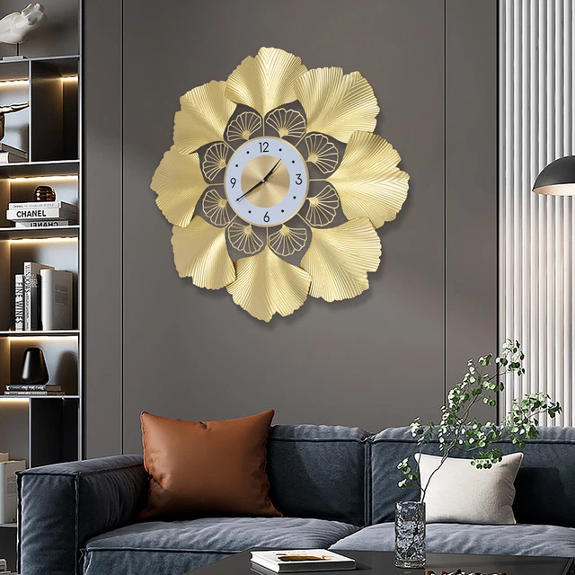 GOLD ROUND GINKGO Biloba Wall Clock Arabic Numbers Wall Art Gift Wall