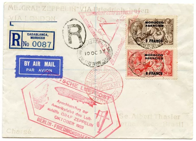 Morocco Agencies RARE 1933 Zeppelin cover Casablanca to Brazil 3f+6f Seahorse