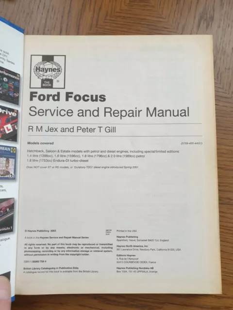 Ford Focus (Petrol & Diesel) 1998-2001 Haynes Workshop Manual Hardback 2