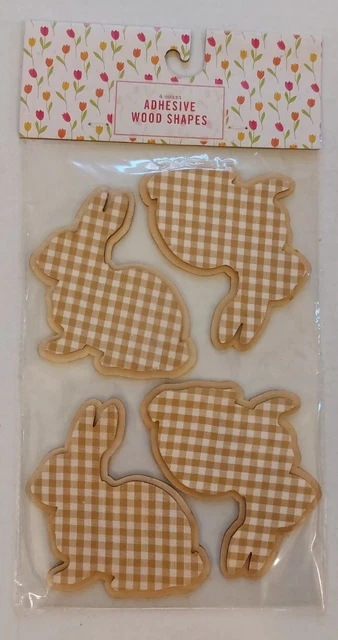 ⭐️Made-For-Retail 4 DECORATED WOOD BUNNY ADHESIVE DISCS - Crafts NIP