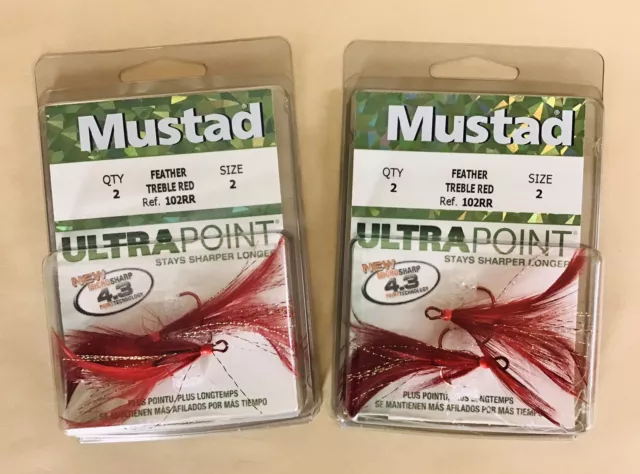 Lot of 2 Mustad 102RR  Dressed Treble Red Hook Sz 2 Red Grizzly Feather 2 Pk