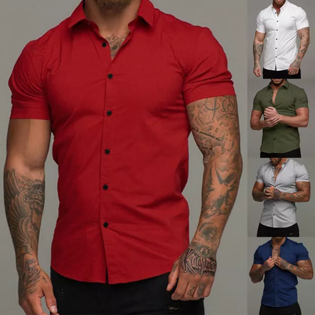 Men's Short Sleeve Button Down Shirts Casual Slim Fit T-Shirt Formal Tops Blouse