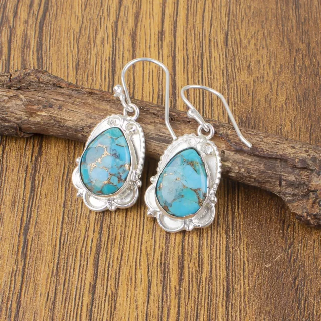 Natural Blue Copper Turquoise Gemstone 925 Sterling Silver Earrings For Women