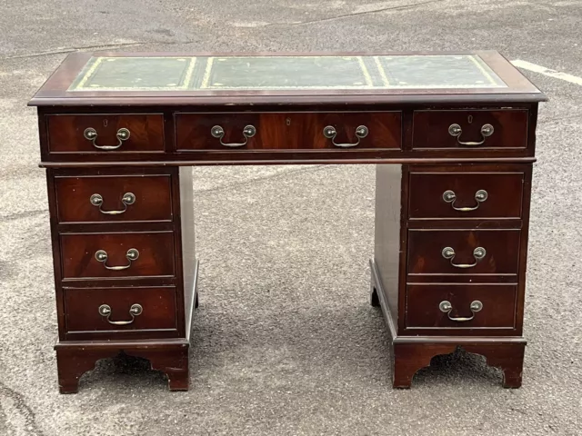 Pedestal Desk In Flame Veneer Mahogany With Green Leather Top. 3