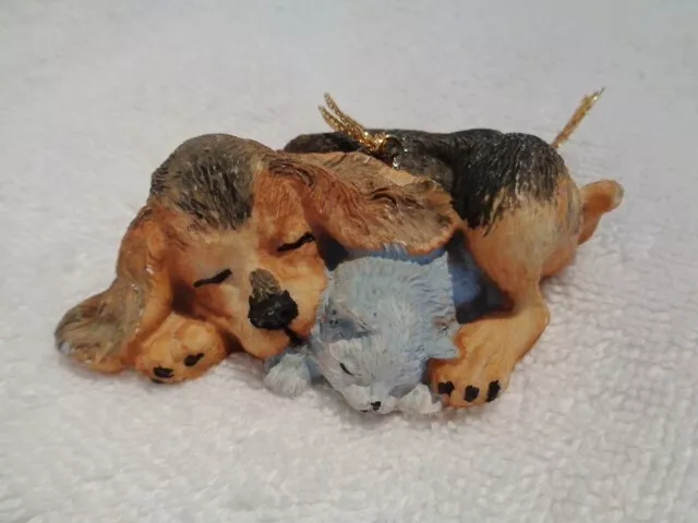Dog Brown Blak Basset Hound Beagle Gray Cat Sleeping together Christmas Ornament