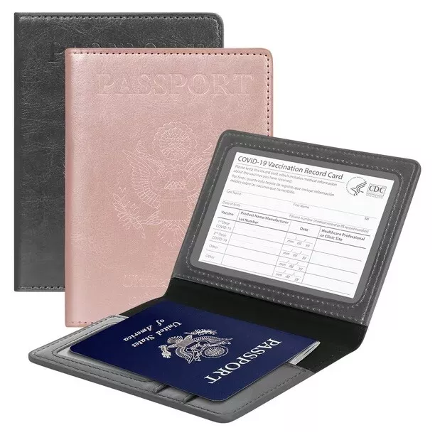 2 PACK Passport And Vaccine Card Holder PU Leather Travel Wallet