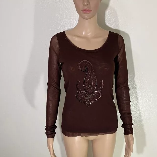 FUZZI Jean Paul Gaultier Brown Embellished Mesh Long Sleeve Top Size Large L