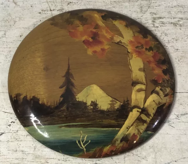 Vintage Oregon Myrtle Wood Wall Plaque Hand Painted Mountain Water Tree Scene