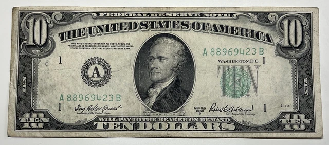 1950 B $10 Ten Dollar Bill Federal Reserve Note  Boston MA Vintage Old Currency