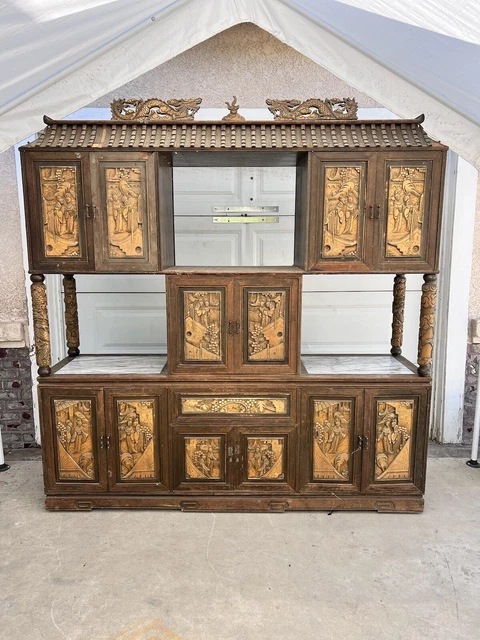 Antique Japanese wood Cabinet With Marble Inlay and carvings