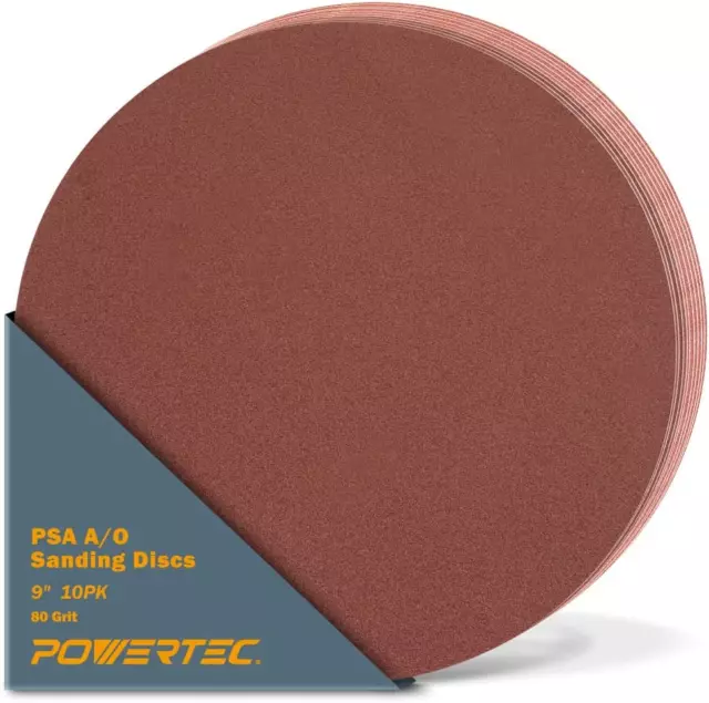 POWERTEC 110580 9-Inch PSA 80 Grit Aluminum Oxide Adhesive Sanding Disc, 10-Pack