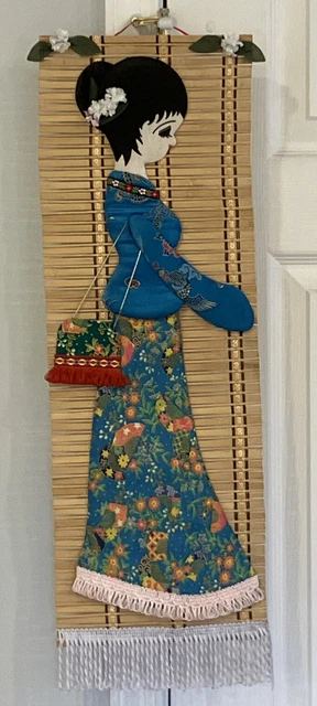 Vintage Chinese Bamboo Wall Hanging W/Fabric Appliqué Woman Art