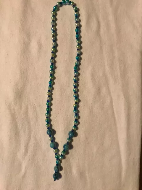 Hand crafted iridescent blue and yellow glass bead necklace.  New made by Dad. 3