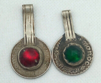 Set Of 2 Antique Amazigh Berber Tribal Silver Pendant Coins Stones Amulet Old