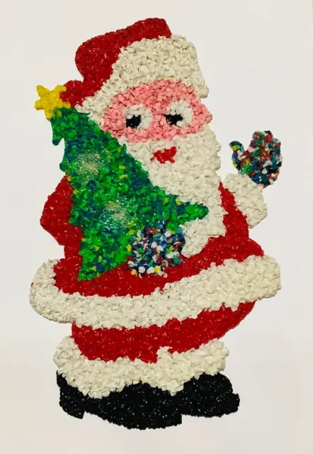 Melted Plastic Popcorn Retro VTG Christmas Waving Santa Wall Hanging 19 in.