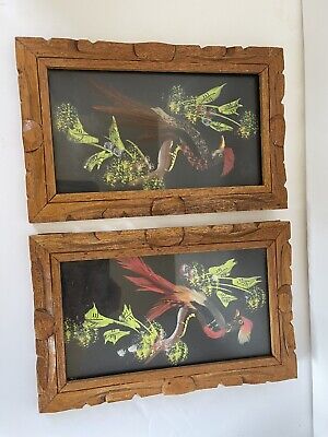 Pair Mexican Feathercraft hand carved frame  bird art wall hanging vintage old