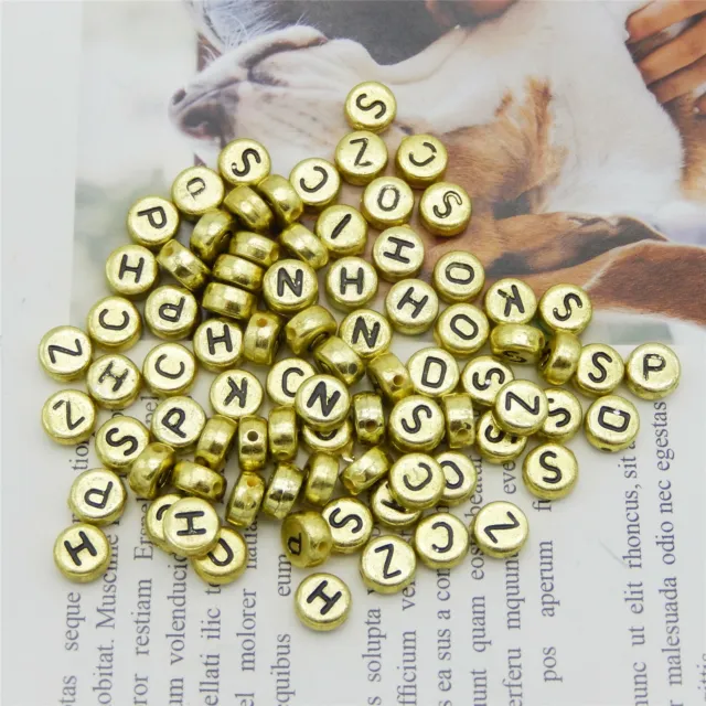 200 Gold A-Z Letter Random Round Beads 26 Alphabet Acrylic Bracelet DIY 7x7x4mm