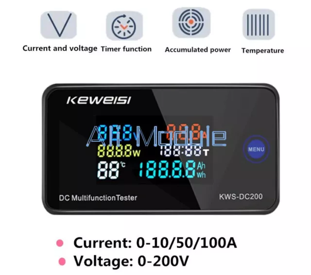 DC0-200V Digital LED Voltage Current Temperature Power Meter 10A/50A/100A Shunt