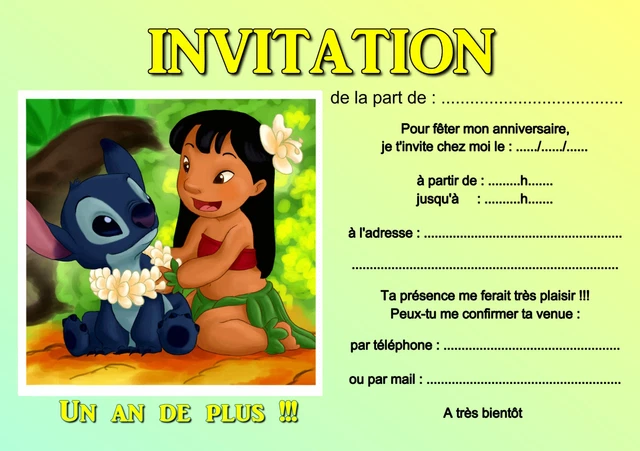 5 - 12 ou 14 cartes invitation anniversaire lilo et stitch REF 439 EUR