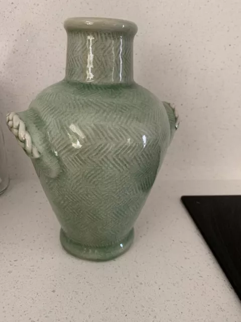 Asian Thai Green Celadon pottery ceramic Vase Hand Made Antique Crackle Glaze 3