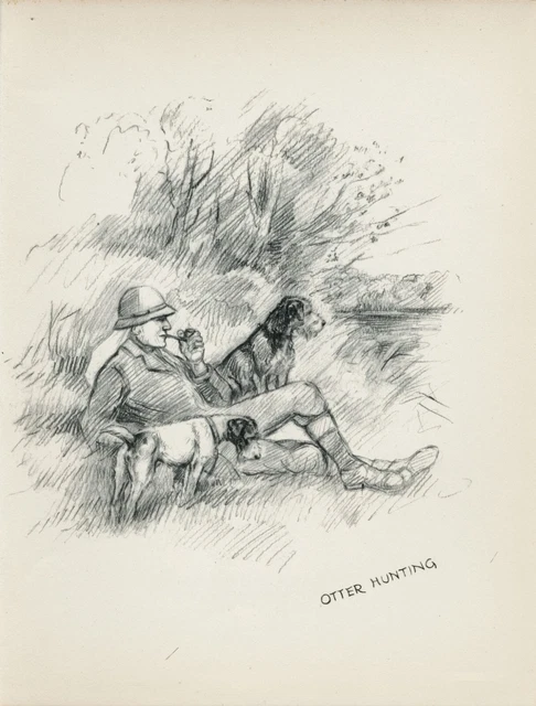 OTTERHOUND MAN & WIRE FOX TERRIER VINTAGE 1930'S DOG SKETCH PRINT by KF BARKER
