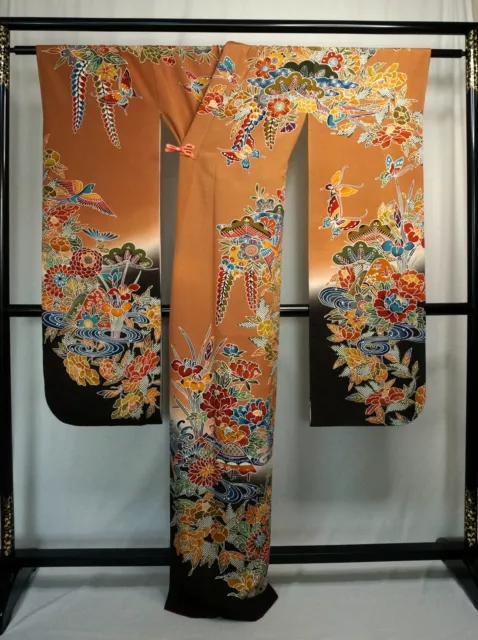 Japanese kimono SILK"FURISODE" long sleeves, Butterfly & Birds, M size ,65".2094