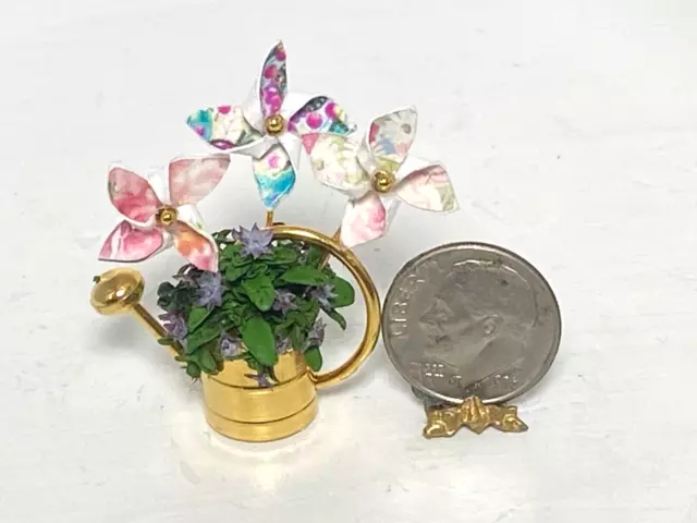 Artisan OOAK Pinwheel Summer Flowers Watering Can 1:12 Mini Dollhouse signed '23