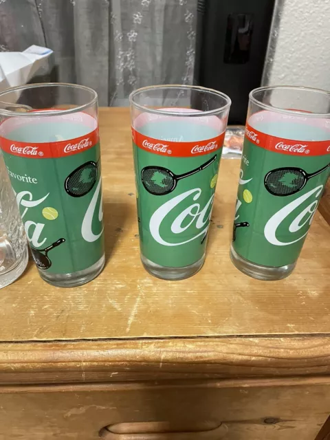 Vintage Coca Cola Drinking Glass Tennis Player Green Vintage Tall Glasses Euc