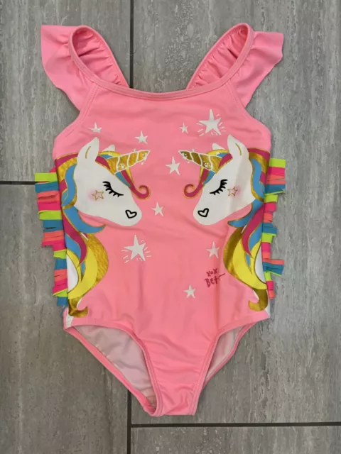 Betsey Johnson Girls Size 6 One Piece Swim Suit Pink Unicorn Rainbow Fringe Cute