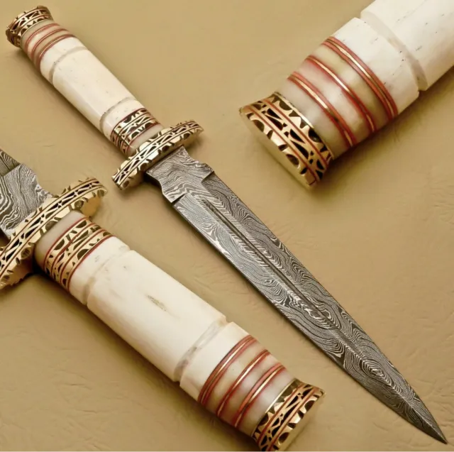 custome handmade damascus steel 13.5" dagger knife handle camel bone with clip