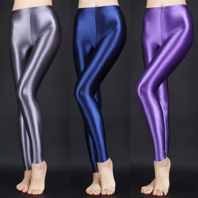 Plus Size Women Sexy Satin Shiny Glossy Opaque Leggings Wet Look Pants Trousers