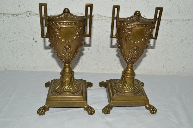 Antique Cast Bronze/Iron Brass Metal 3D Urn Bookend Mantle Pair BIRD MAKER MARK